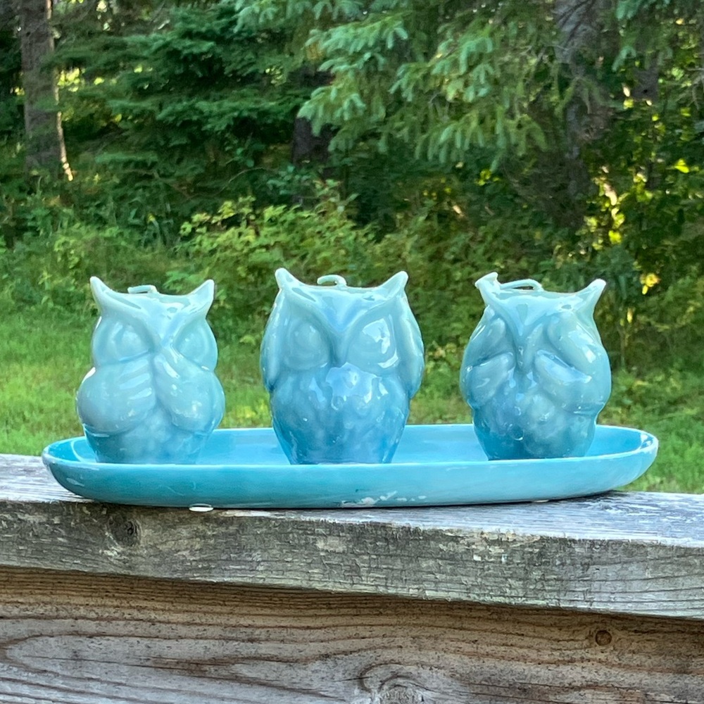 Y2K Set of 3 Owls Candles with Tray
